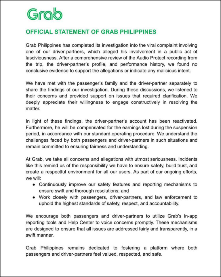 Grab PH releases statement over alleged sexual-harassment incident | VISOR
