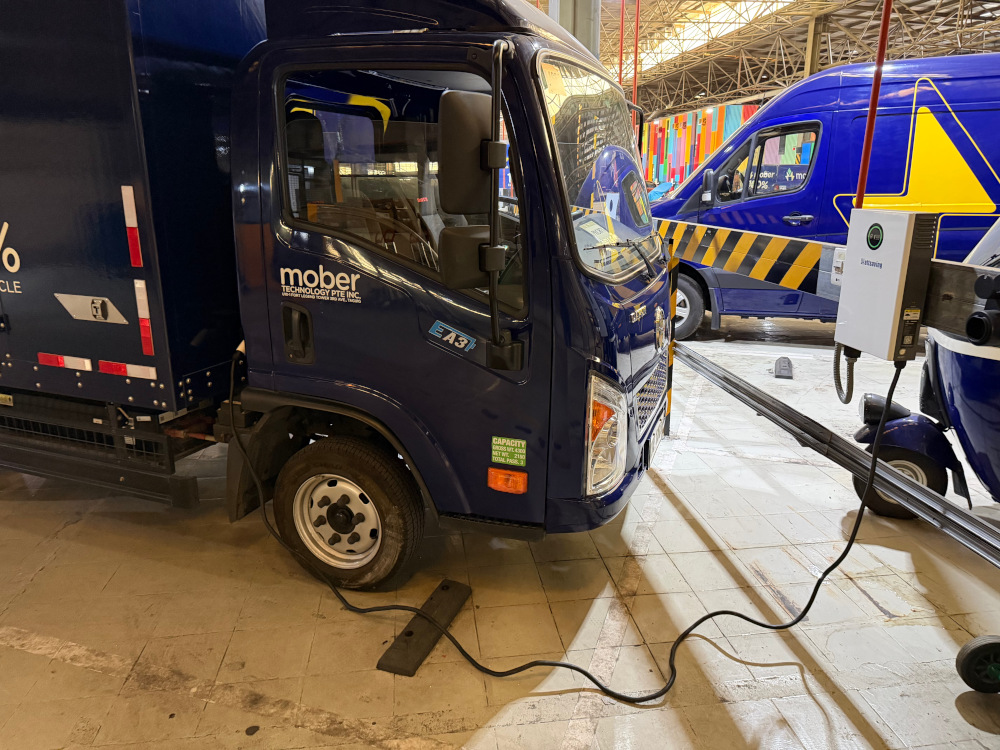 A Mober truck being charged at the company's Pasay charging hub.